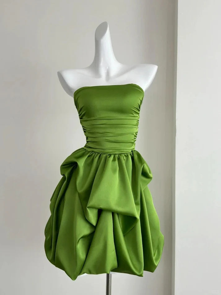 A-line Strapless Pleated Satin Green Short Party Dress With Bubble Hem