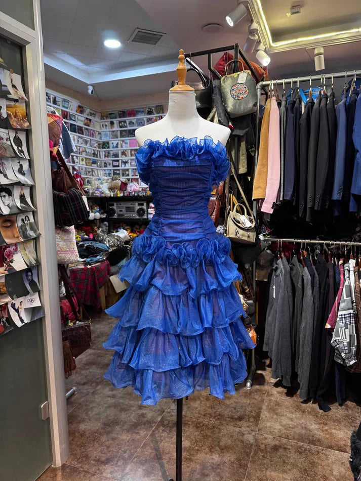 A-line Strapless Ruffle Tiered Pleated Blue Short Birthday Party Dress