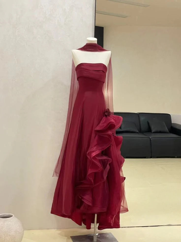 A-line Strapless Ruffle Tulle Burgundy Long Prom Dress Evening Dress
