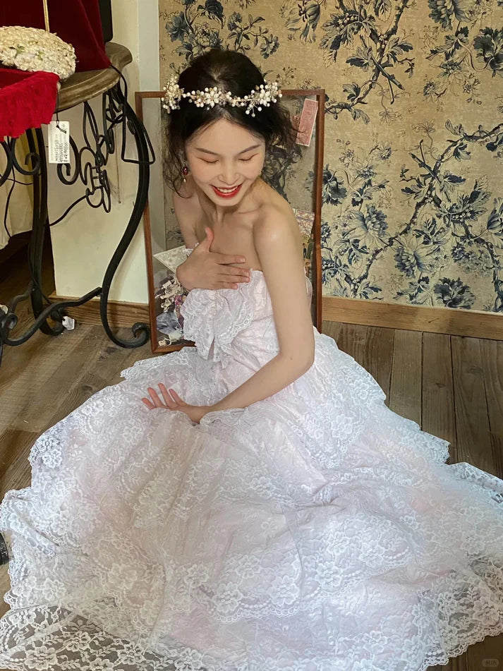 A-line Strapless Tiered Lace Long Formal Evening Dress Sweet 16 Dress