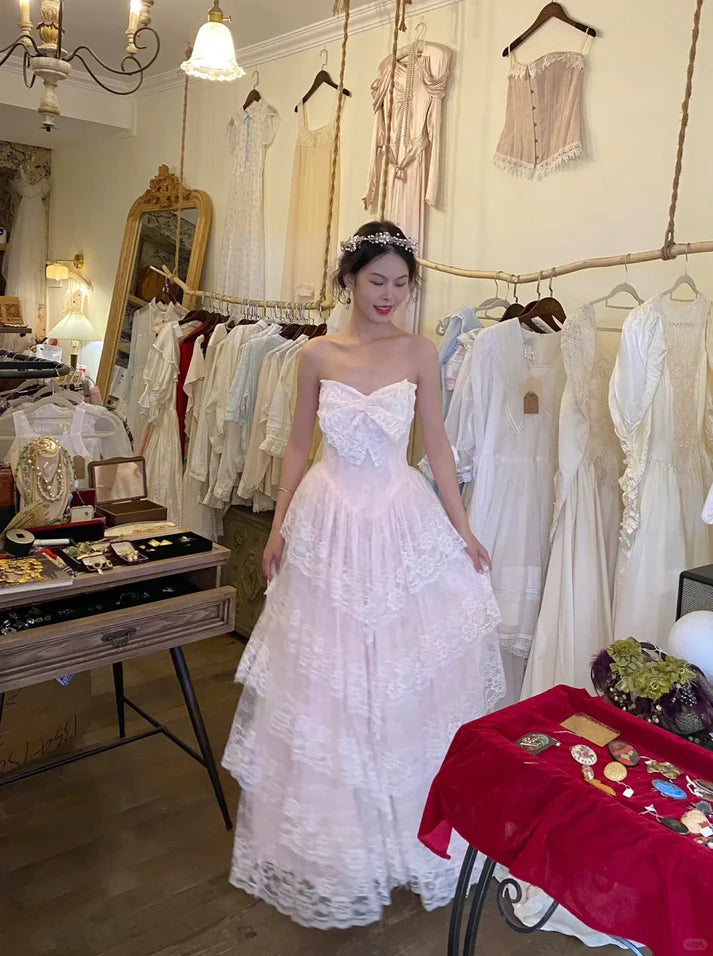 A-line Strapless Tiered Lace Long Formal Evening Dress Sweet 16 Dress