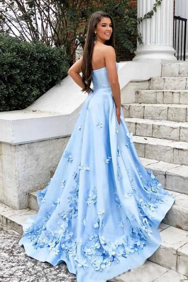 A-line Sweetheart Applique Satin Light Blue Prom Dress With Sweep Train