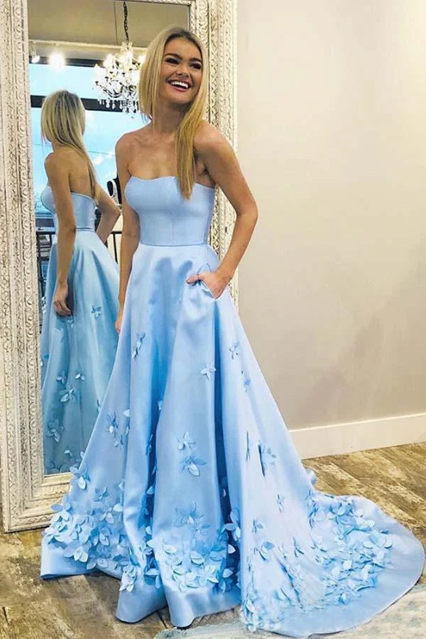 A-line Sweetheart Applique Satin Light Blue Prom Dress With Sweep Train