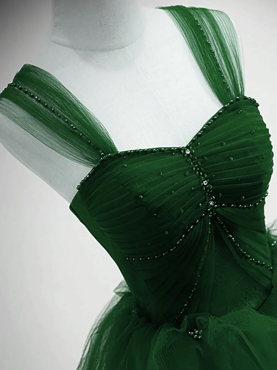A-line Sweetheart Beaded Tulle Green Long Party Dress Prom Dress