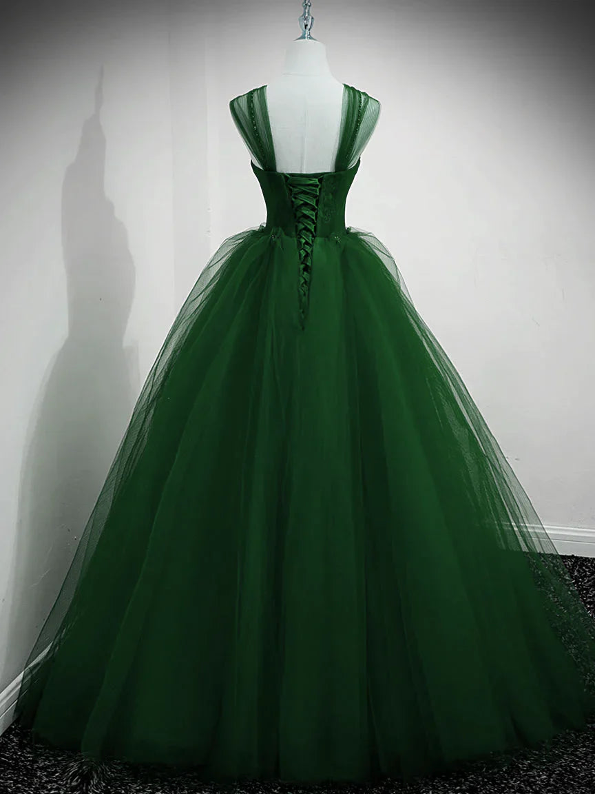 A-line Sweetheart Beaded Tulle Green Long Party Dress Prom Dress