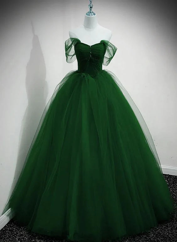 A-line Sweetheart Beaded Tulle Green Long Party Dress Prom Dress