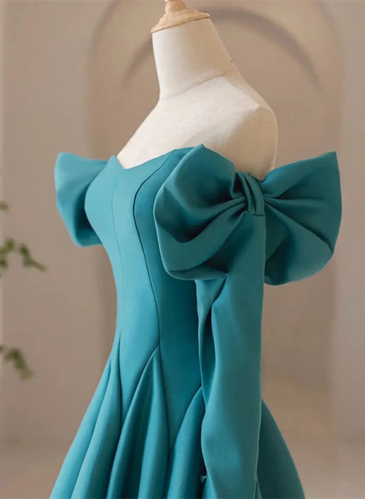 A-line Sweetheart Long Sleeves Bow Teal Blue Long Prom Dress