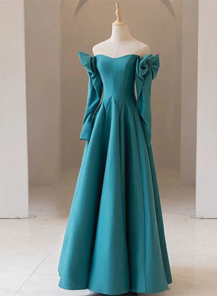 A-line Sweetheart Long Sleeves Bow Teal Blue Long Prom Dress