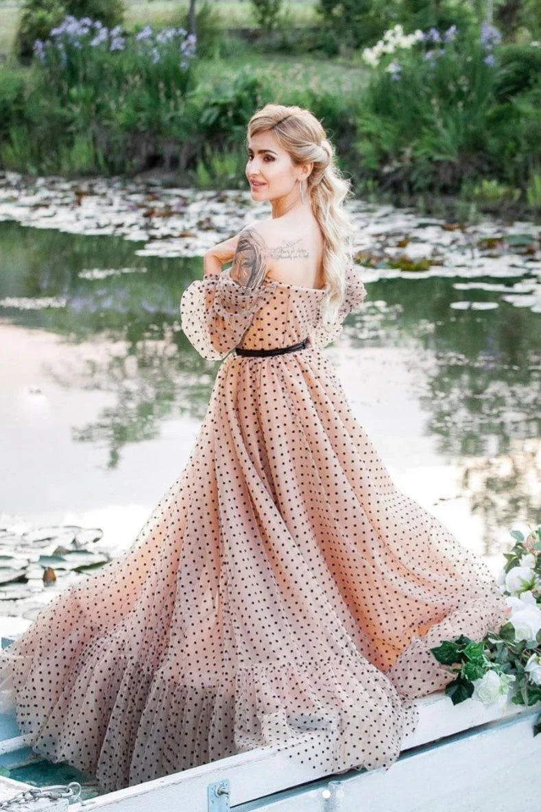 A-line Sweetheart Long Sleeves Polka Dots Tulle Champagne Long Prom Dress