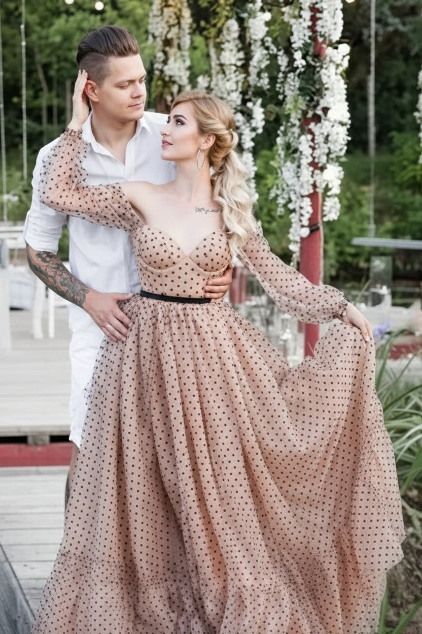 A-line Sweetheart Long Sleeves Polka Dots Tulle Champagne Long Prom Dress