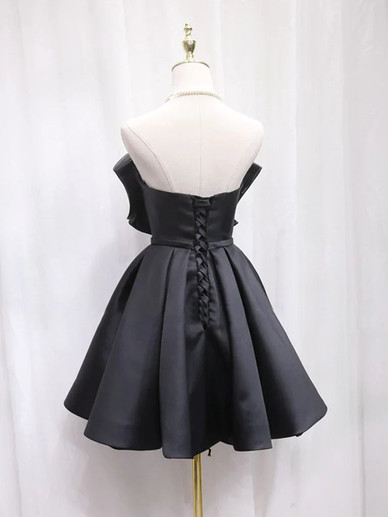 A-line Sweetheart Neck Bow Black Short Prom Dress Homecoming Dress