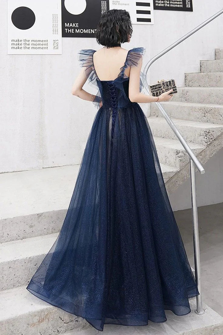 A-line Sweetheart Ruffle Lace Up Tulle Dark Blue Floor Length Prom Dress