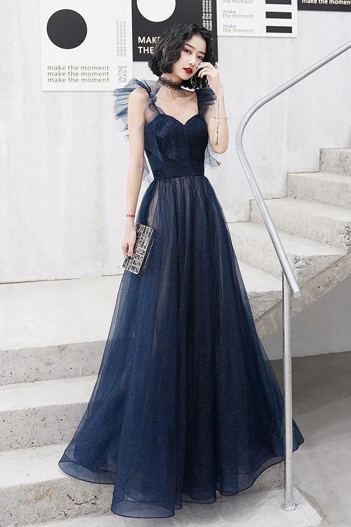 A-line Sweetheart Ruffle Lace Up Tulle Dark Blue Floor Length Prom Dress