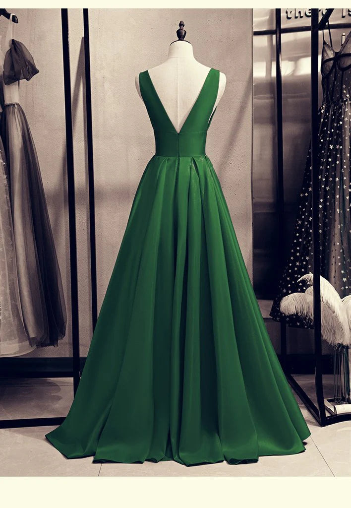 A-line V-Neckline Low Back Satin Green Floor Length Prom Dress