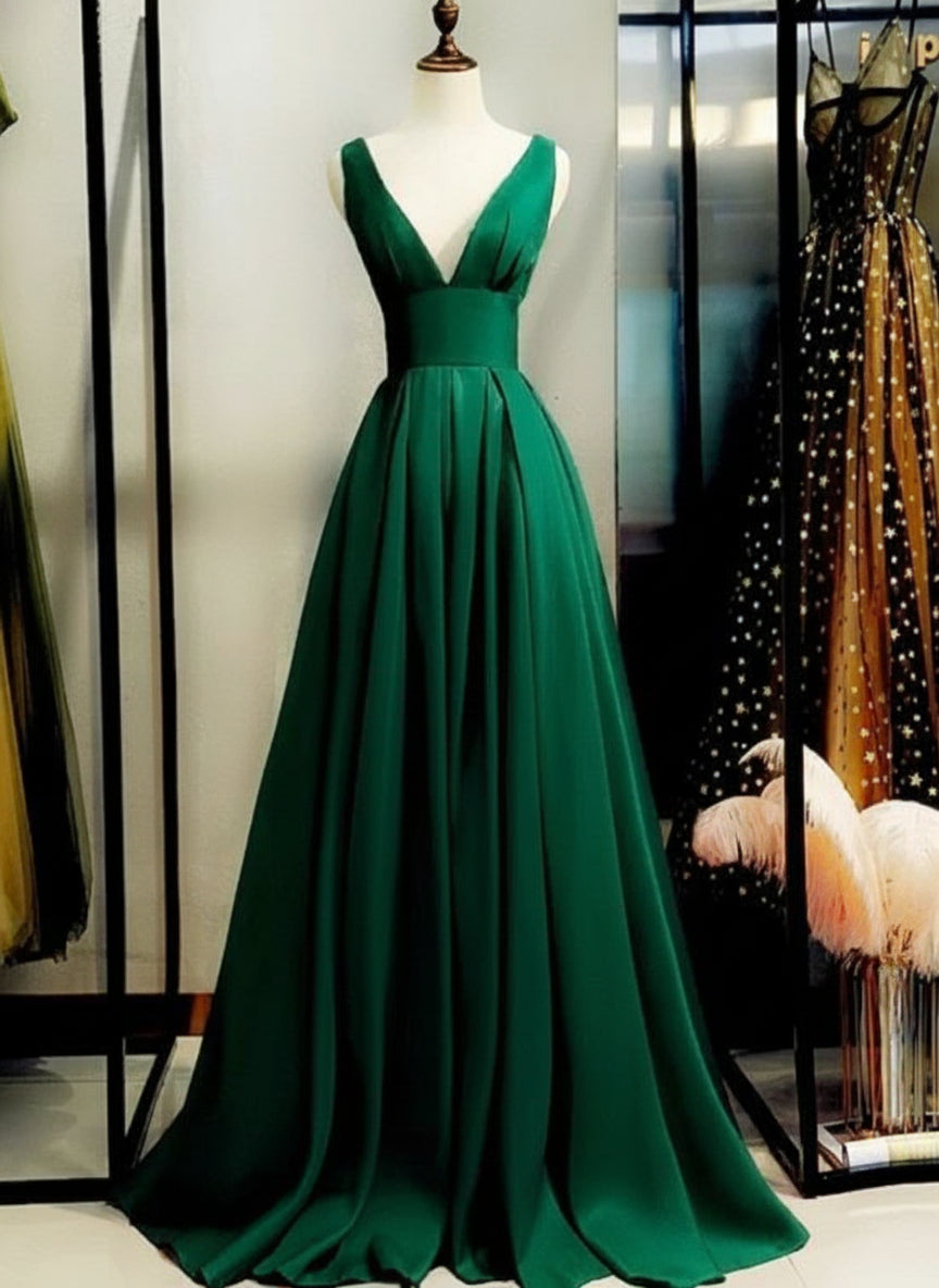 A-line V-Neckline Low Back Satin Green Floor Length Prom Dress