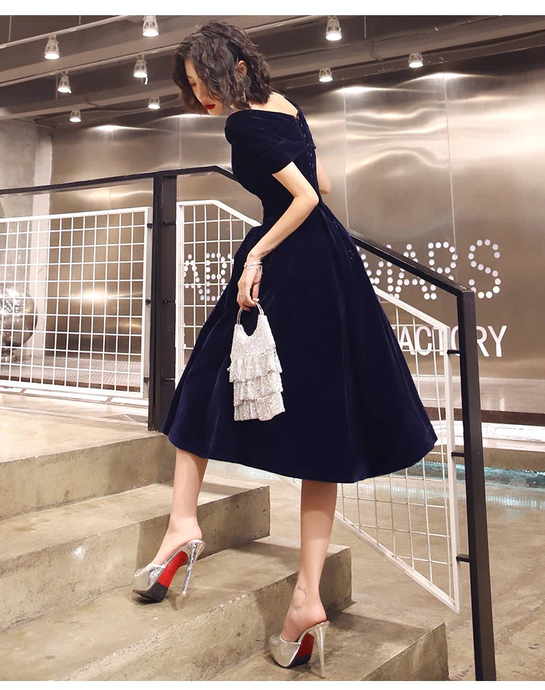 A-line V-Neckline Velvet Navy Blue Tea Length Prom Dress Party Dress