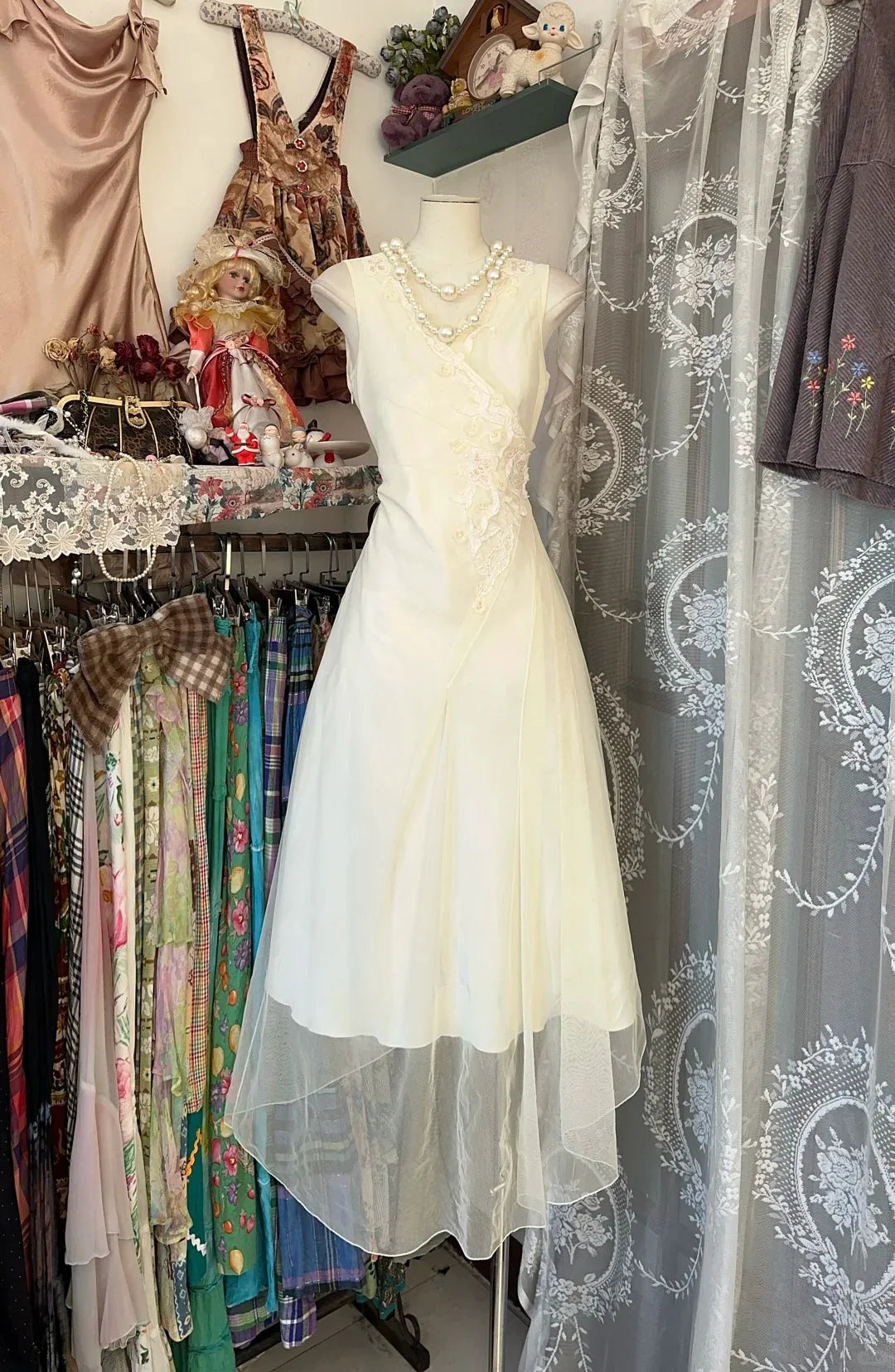 A-line V Neck Applique Double Layer Ivory Prom Dress Evening Dress