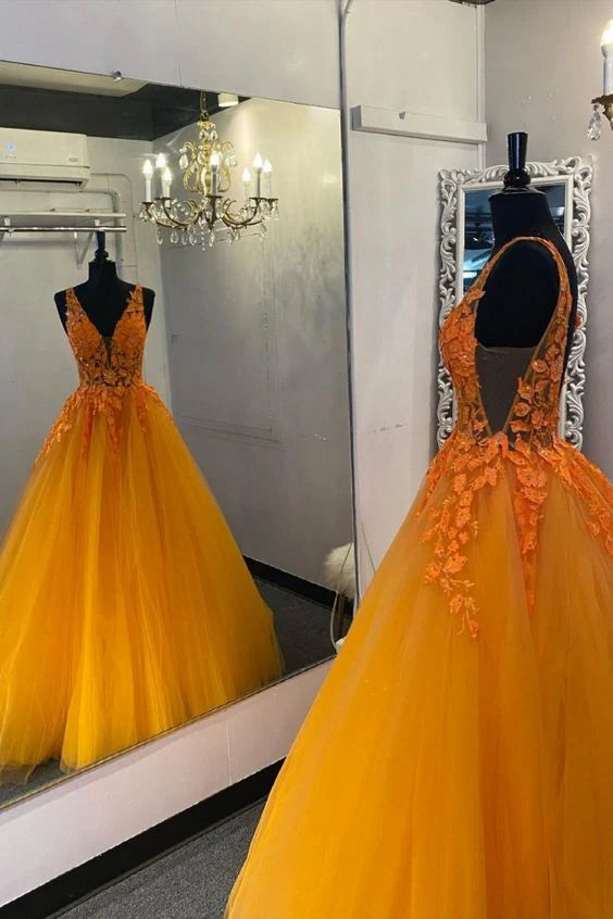 A-line V Neck Applique Lace Tulle Orange Long Prom Dress Evening Dress