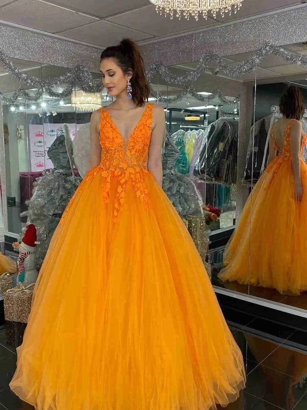 A-line V Neck Applique Lace Tulle Orange Long Prom Dress Evening Dress