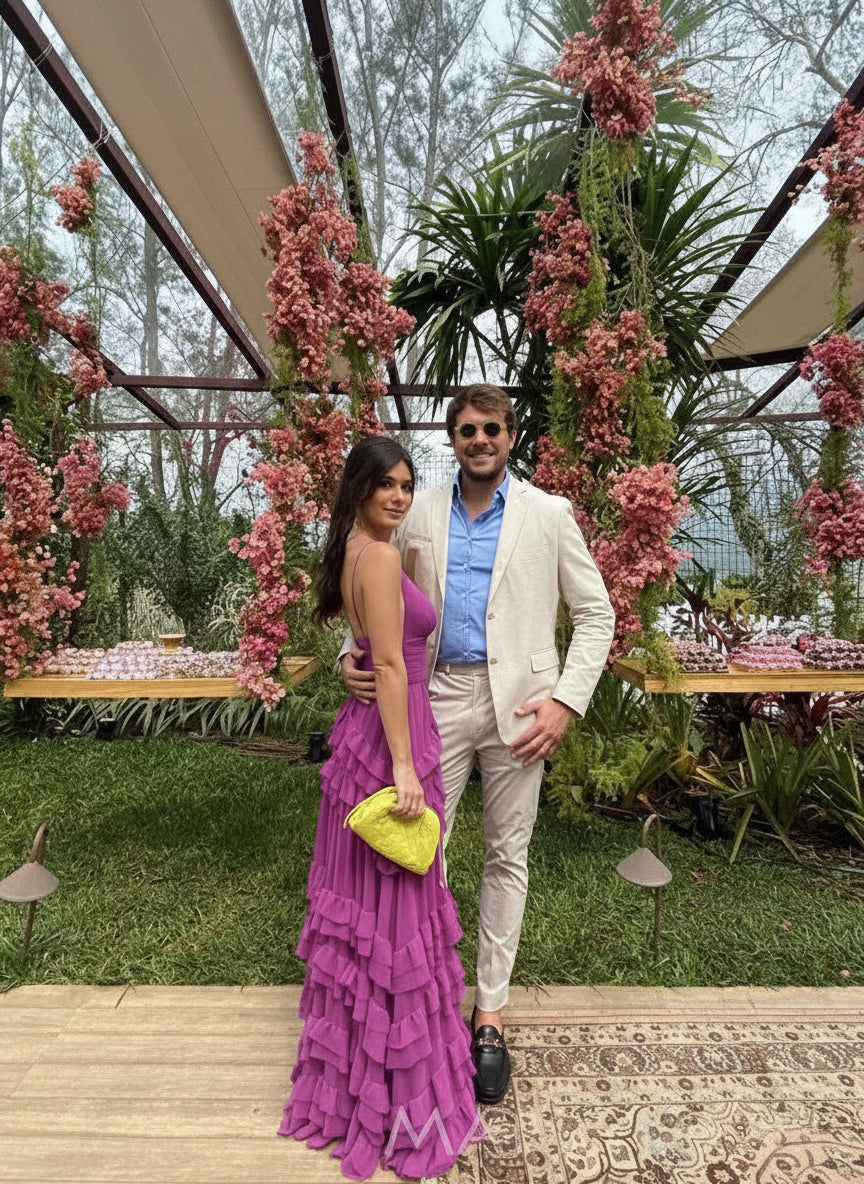 A-line V Neck Layered Ruffle Chiffon Purple Floor Length Party Dress