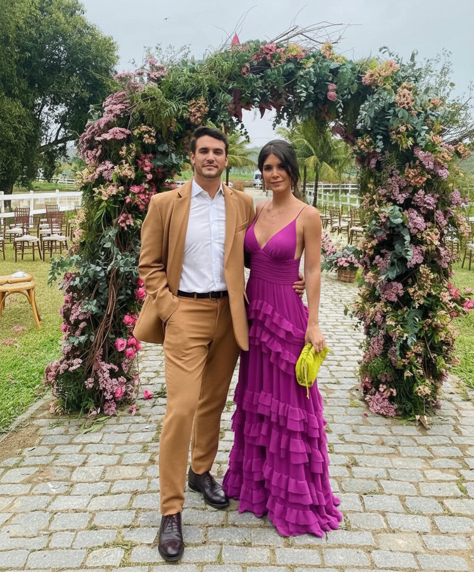 A-line V Neck Layered Ruffle Chiffon Purple Floor Length Party Dress