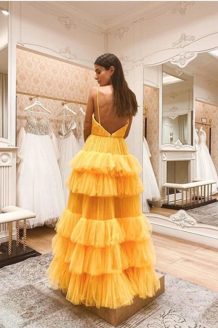 A-line V Neck Layers Ruching Tulle Yellow Floor Length Prom Dress