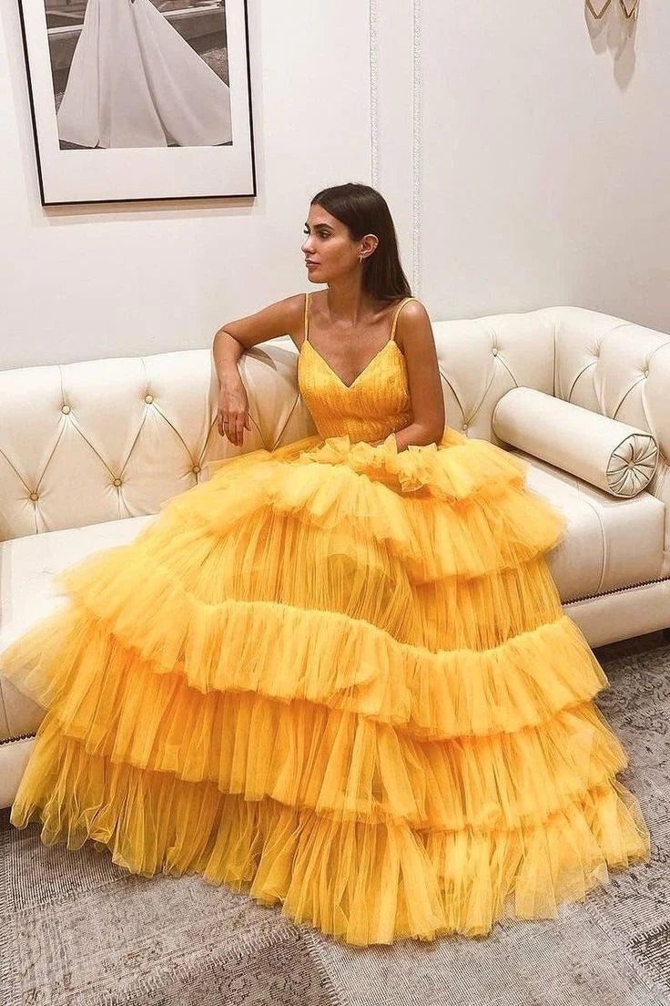A-line V Neck Layers Ruching Tulle Yellow Floor Length Prom Dress
