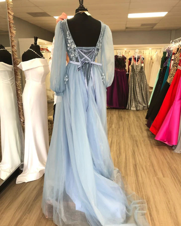 A-line V Neck Long Sleeves Applique Blue Long Prom Dress With Train