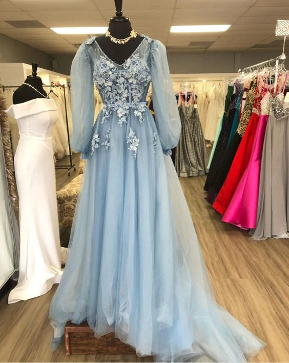 A-line V Neck Long Sleeves Applique Blue Long Prom Dress With Train