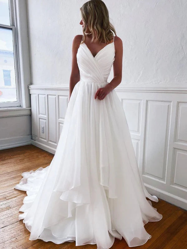 A-line V Neck Pleated Tiered Tulle White Long Prom Dress Evening Dress