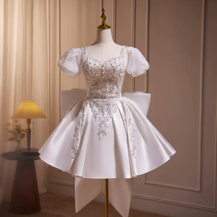 A-line V Neck Puff Sleeves Beaded White Short Party Dress With Bow