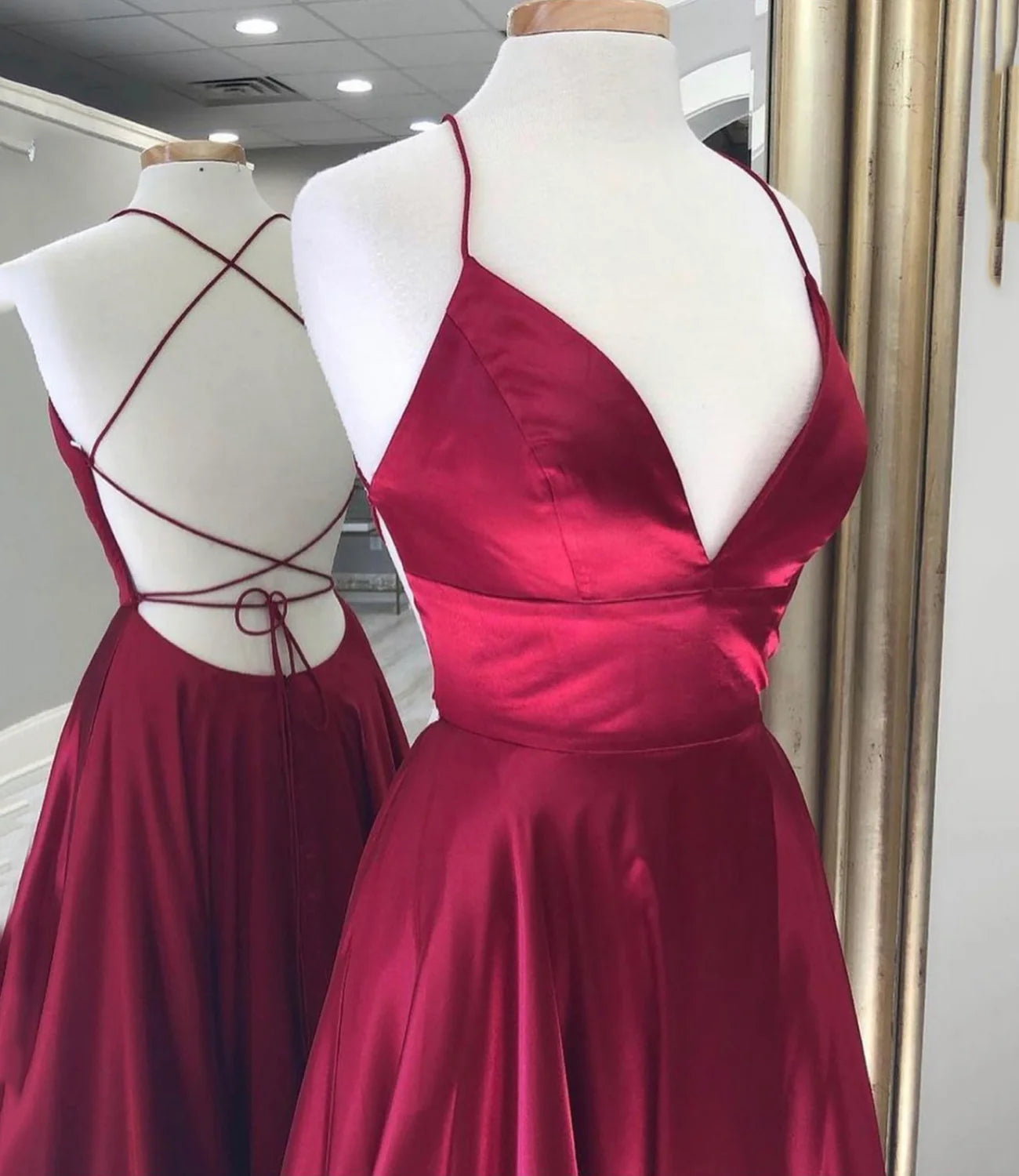 A-line V Neck Satin Burgundy Floor Length Prom Dress Evening Dress