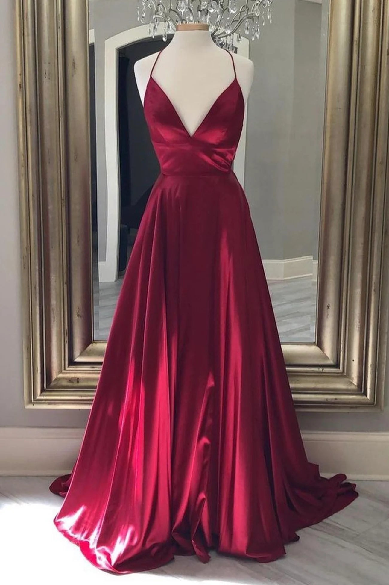 A-line V Neck Satin Burgundy Floor Length Prom Dress Evening Dress