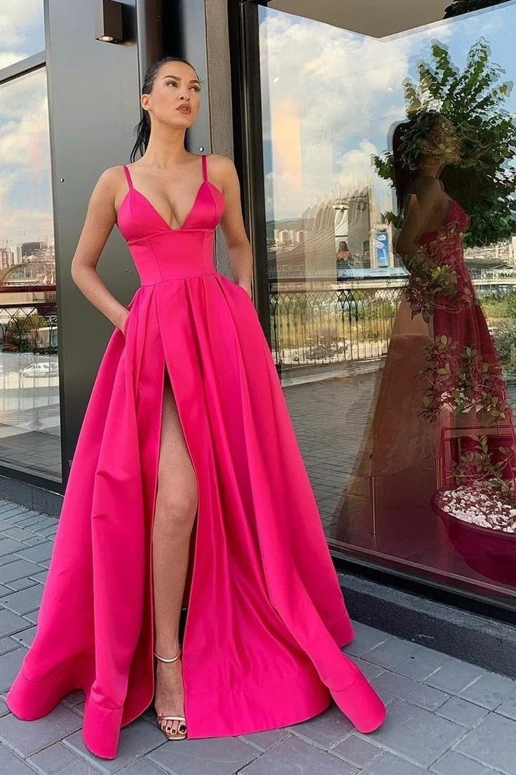 A-line V Neck Satin Fuchsia Floor Length Prom Dress With High Slit