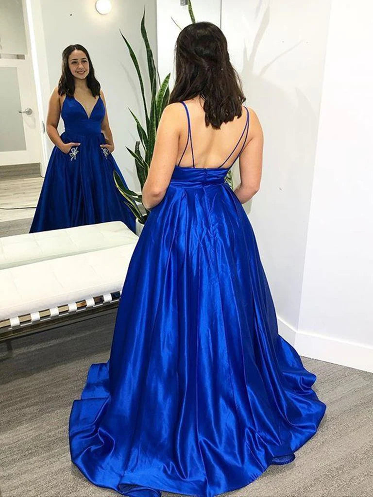 A-line V Neck Satin Royal Blue Floor Length Prom Dress With Pocket
