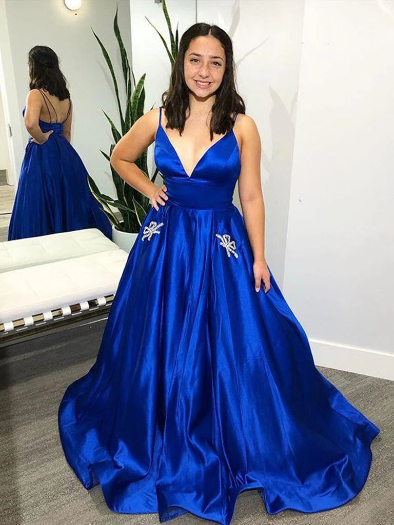 A-line V Neck Satin Royal Blue Floor Length Prom Dress With Pocket