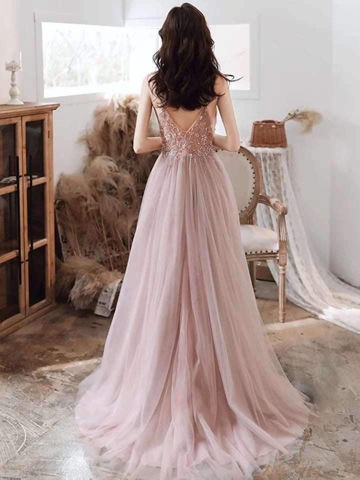 A-line V Neck Sequins Applique Tulle Blush Prom Dress With Slit