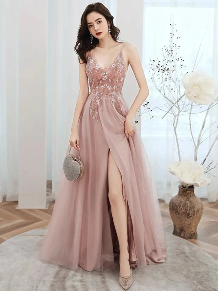 A-line V Neck Sequins Applique Tulle Blush Prom Dress With Slit
