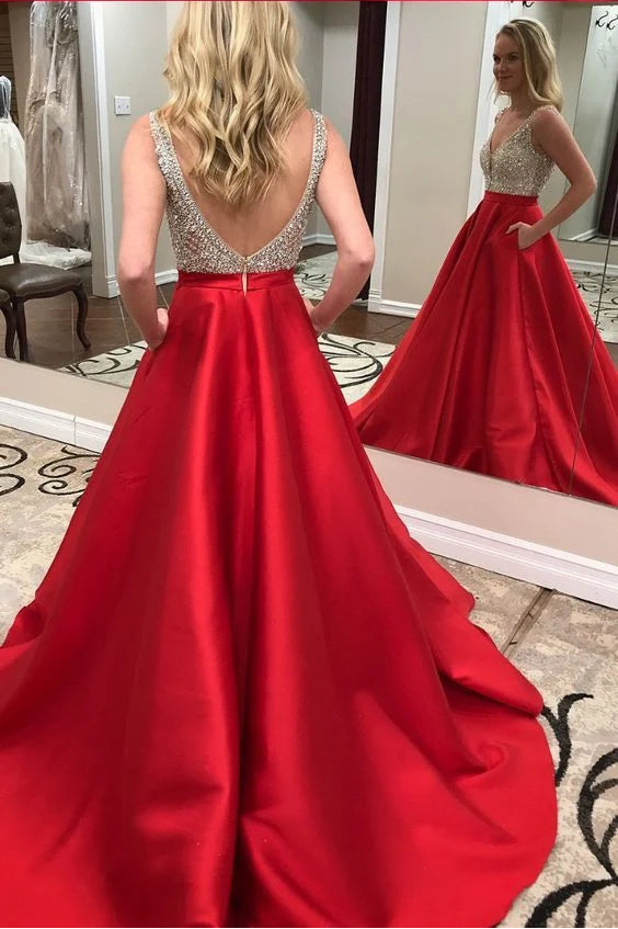A-line V Neck Silver Sequin Top Satin Red Long Prom Dress With Pockets