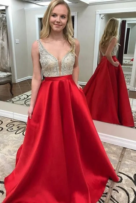 A-line V Neck Silver Sequin Top Satin Red Long Prom Dress With Pockets