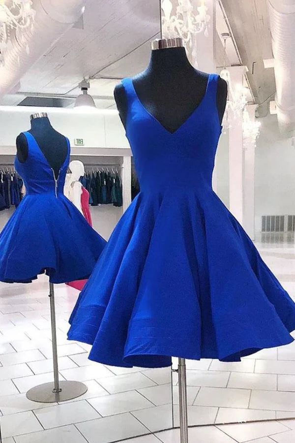A-line V Neck Sleeveless Blue Short Prom Dress Homecoming Dress