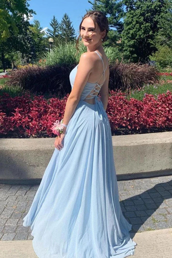 A-line V Neck Spaghetti Straps Blue Long Prom Dress With Slit
