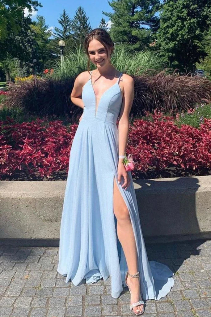A-line V Neck Spaghetti Straps Blue Long Prom Dress With Slit