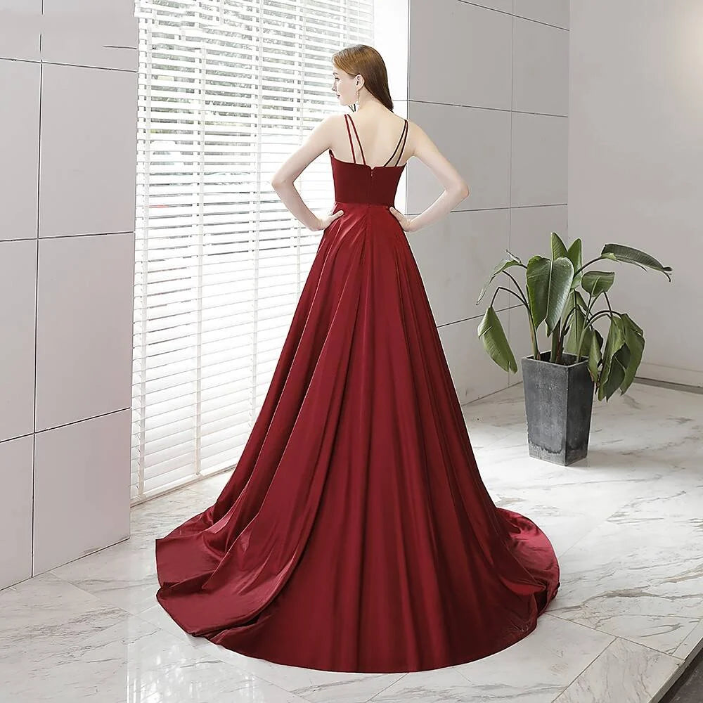 A-line V Neck Spaghetti Straps Satin Wine Long Prom Dress With Slit