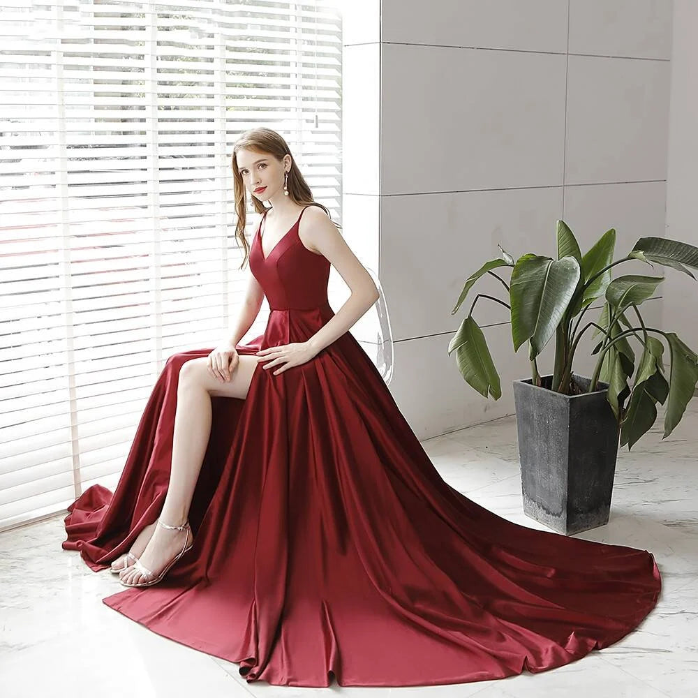 A-line V Neck Spaghetti Straps Satin Wine Long Prom Dress With Slit