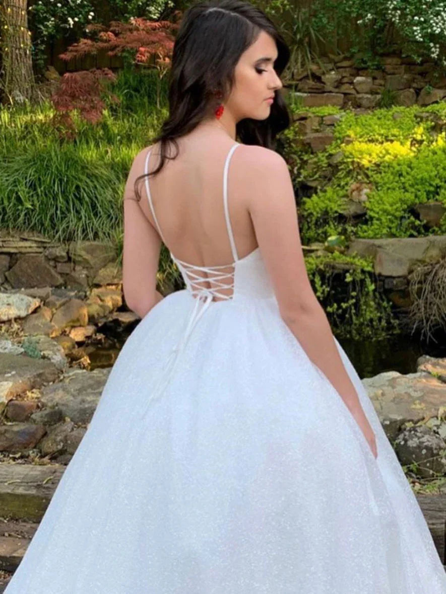 A-line V Neck Spaghetti Straps Sequin Tulle White Long Prom Dress