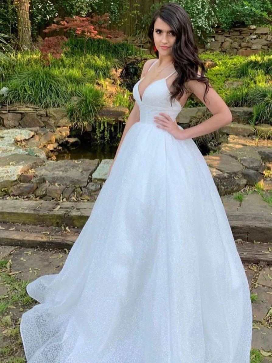 A-line V Neck Spaghetti Straps Sequin Tulle White Long Prom Dress