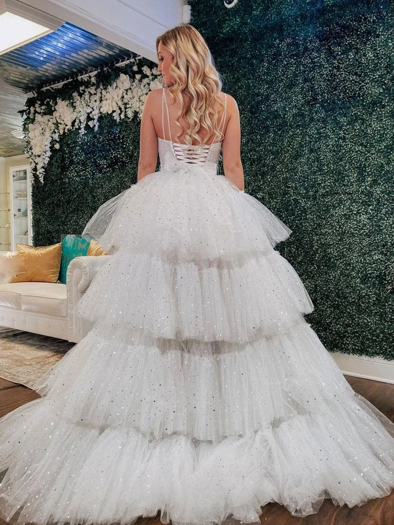A-line V Neck Spaghetti Straps Tiered Tulle White High Low Prom Dress
