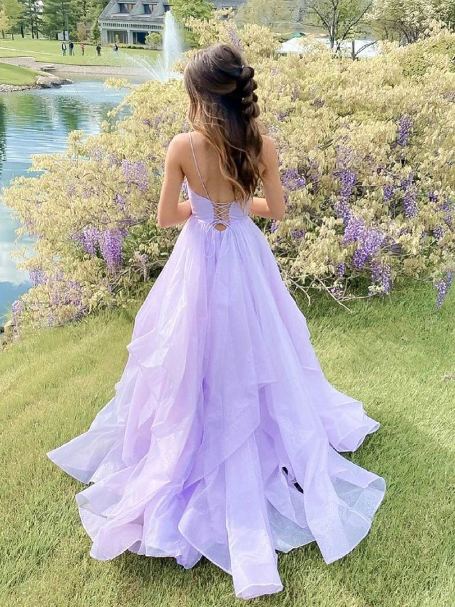 A-line V Neck Tulle Purple Long Prom Dress With Asymmetrical Hem