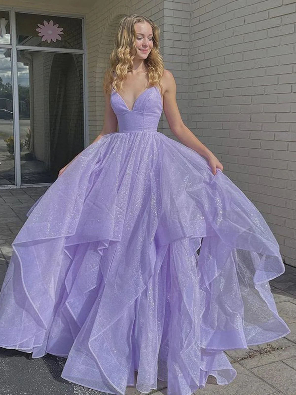 A-line V Neck Tulle Purple Long Prom Dress With Asymmetrical Hem